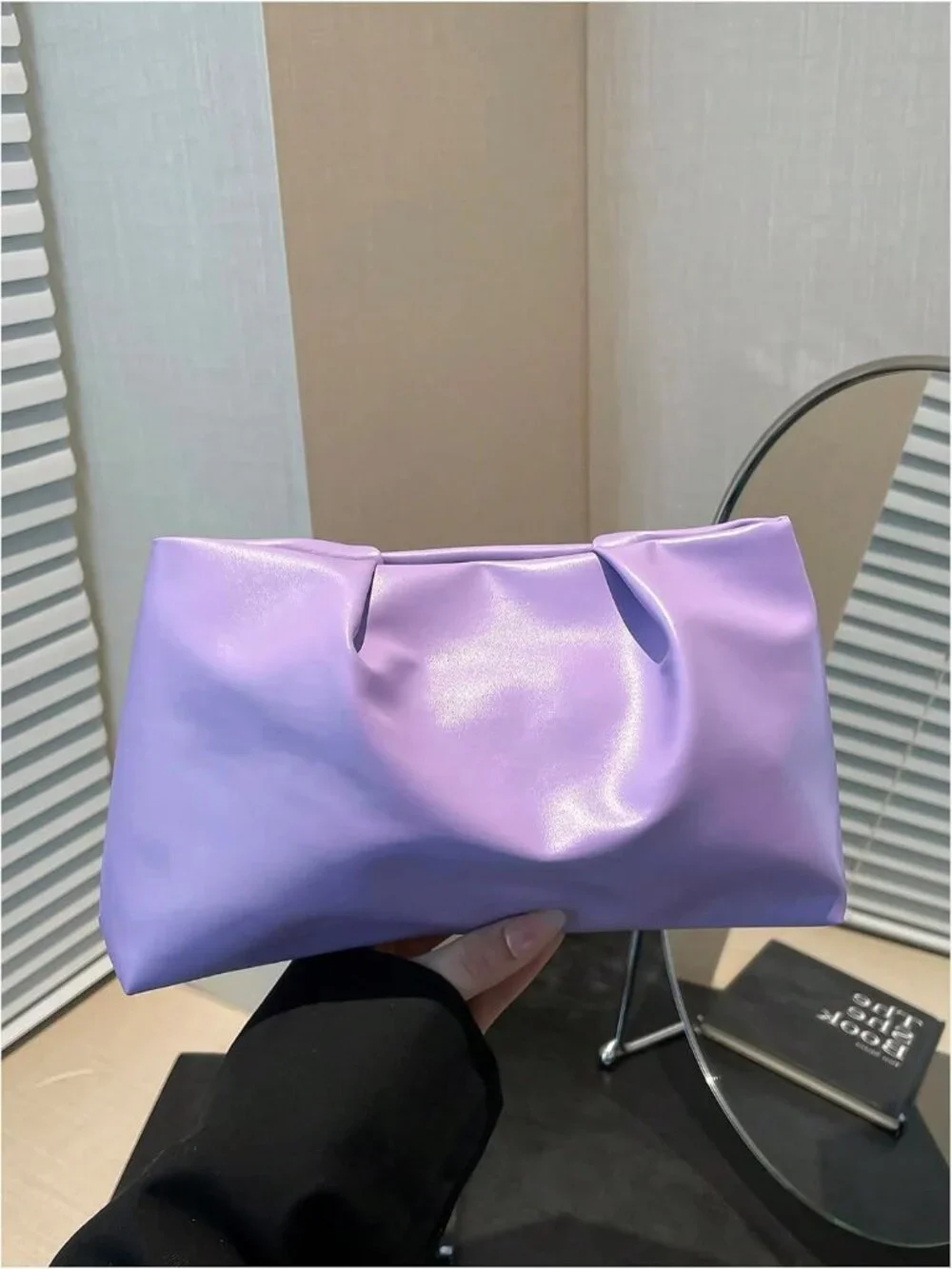 👜Women's Purple PU Leather Clutch Purses Small Zipper Elegant Ruched Handbag